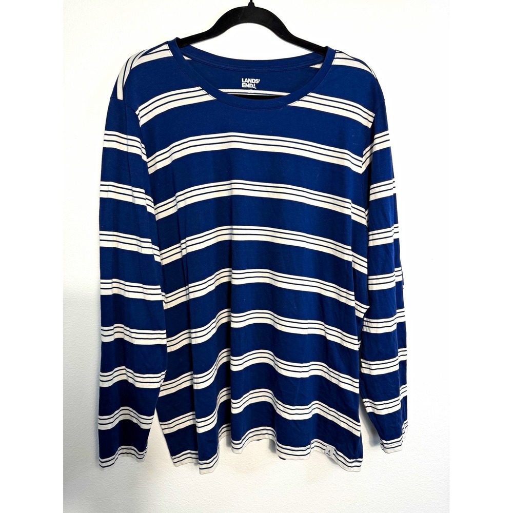 Lands' End Womens Blue/White Striped 100% Cotton Knit Crew Neck Long Sleeve Tee